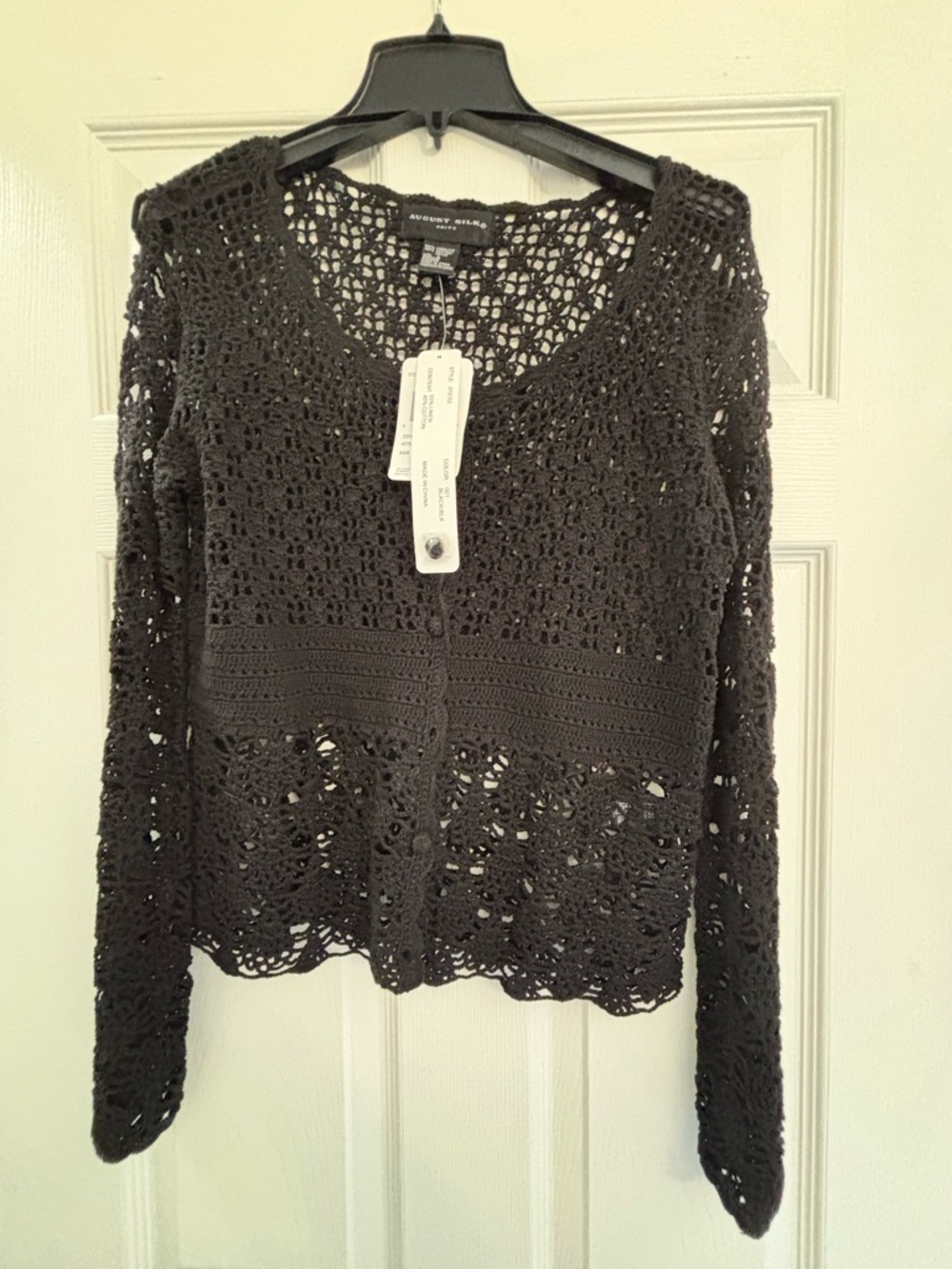 august silk Black Crochet Open-Knit Long Sleeve Top